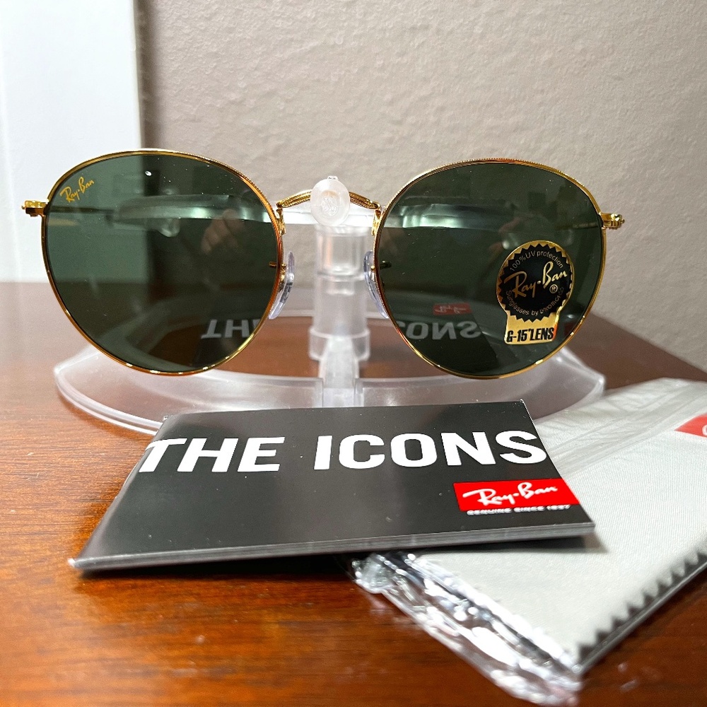 Ray-Ban Round Metal sunglasses (RB3447). Polished gold frame/green lenses